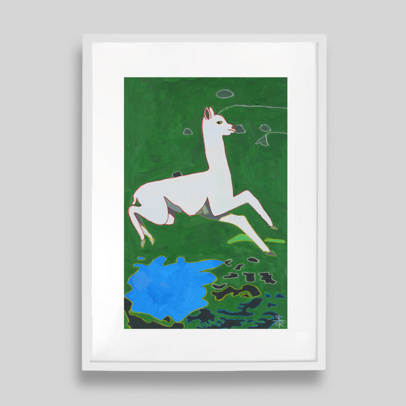 「水草の上で跳ねるアルパカ」原画作品